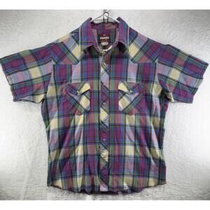 Vintage Wrangler Pearl Snap Plaid Western Button Up Shirt Short Sleeve Men Large
